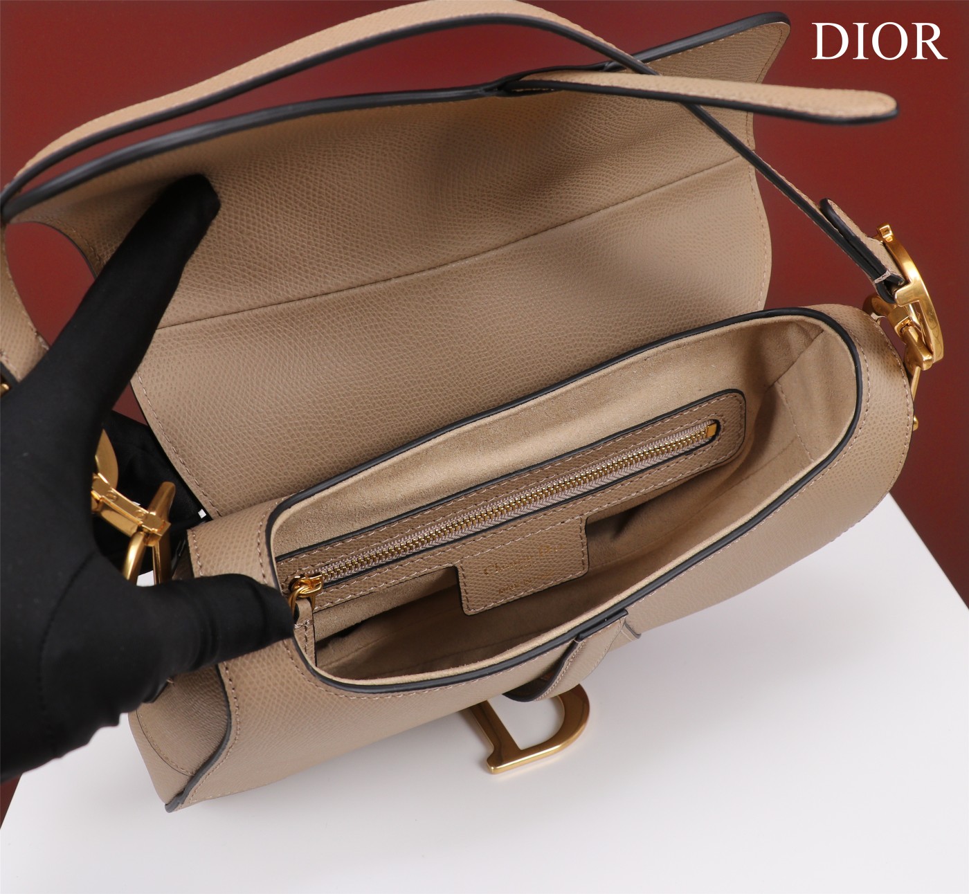 Saddle Bag with Strap Powder Beige Grained Calfskin